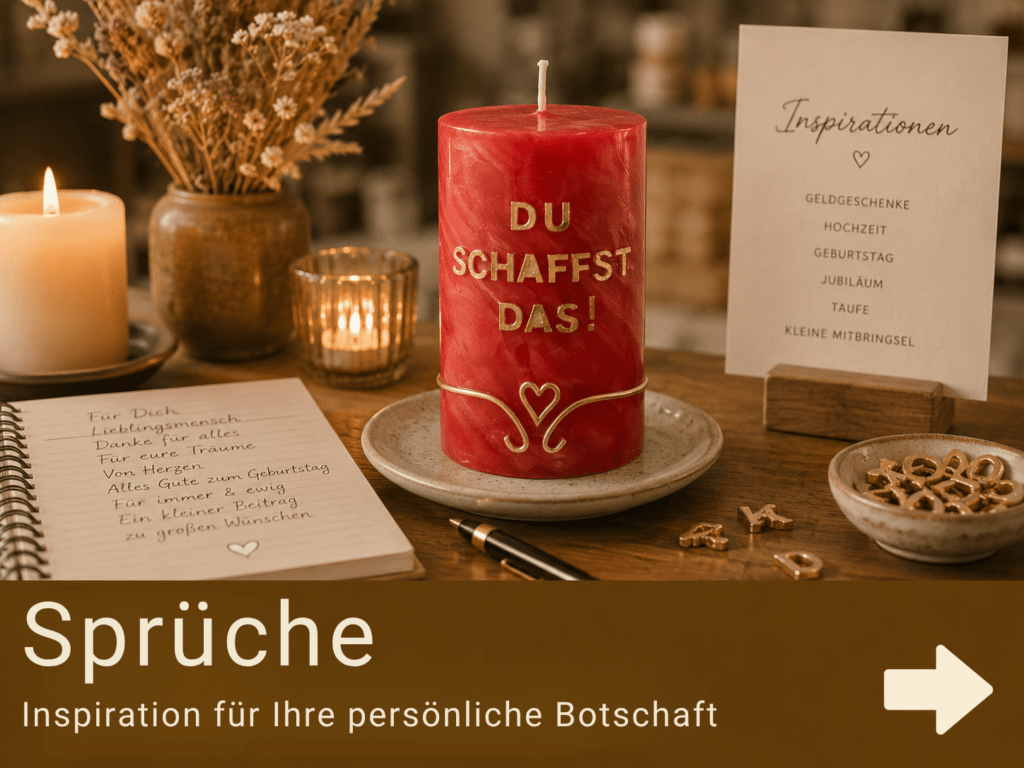 Personalisierte Kerze mit Beispieltexten und Inspirationen für Hochzeiten, Geburtstage und Geldgeschenke