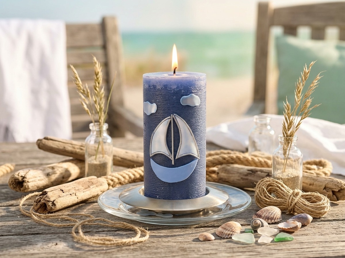 Maritime Kerze mit Segelbootmotiv zwischen Treibholz, Tauwerk, Muscheln und Glasflaschen auf sommerlich dekoriertem Holztisch.