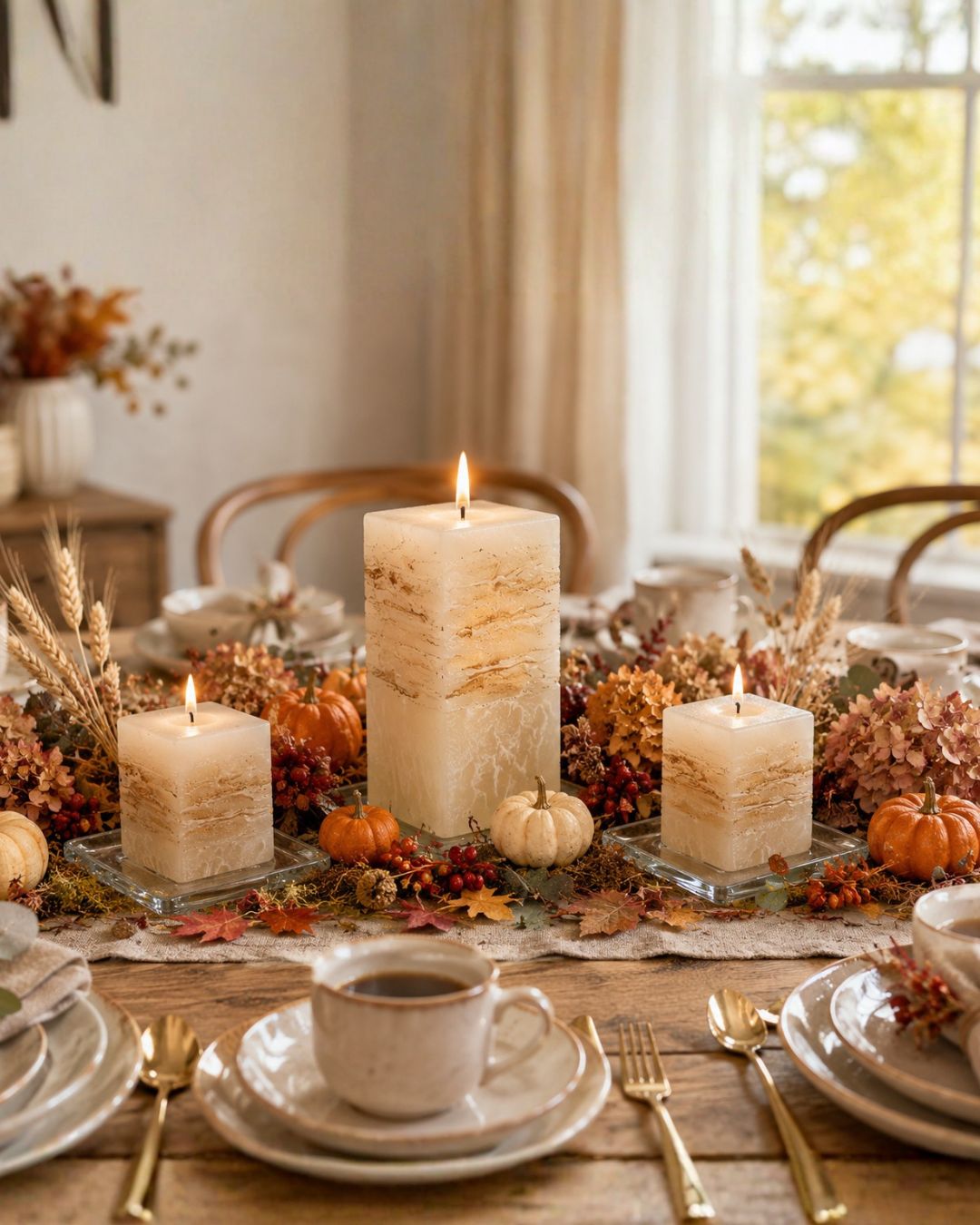 Cremefarbene Wachsmosaik-Kerzen mit Herbstdeko auf gedecktem Esstisch