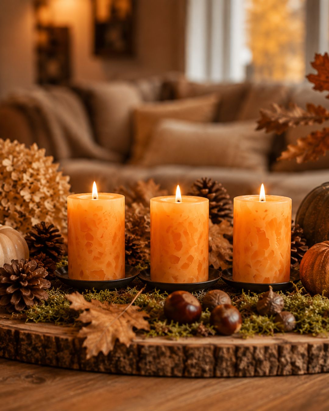 Drei leuchtende Würfelwachskerzen in einem herbstlichen Arrangement mit Kürbissen, Moos und Kastanien