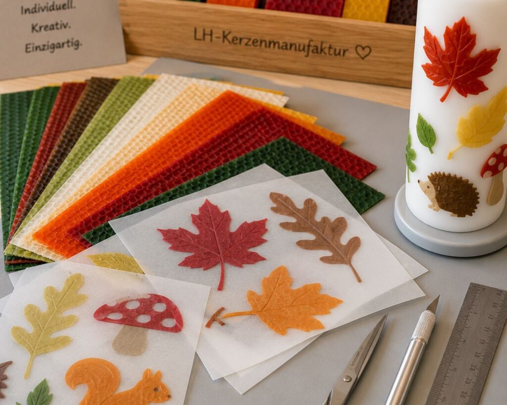 Farbige Wachsplatten, herbstliche Motivvorlagen und Werkzeug zum Kerzen verzieren