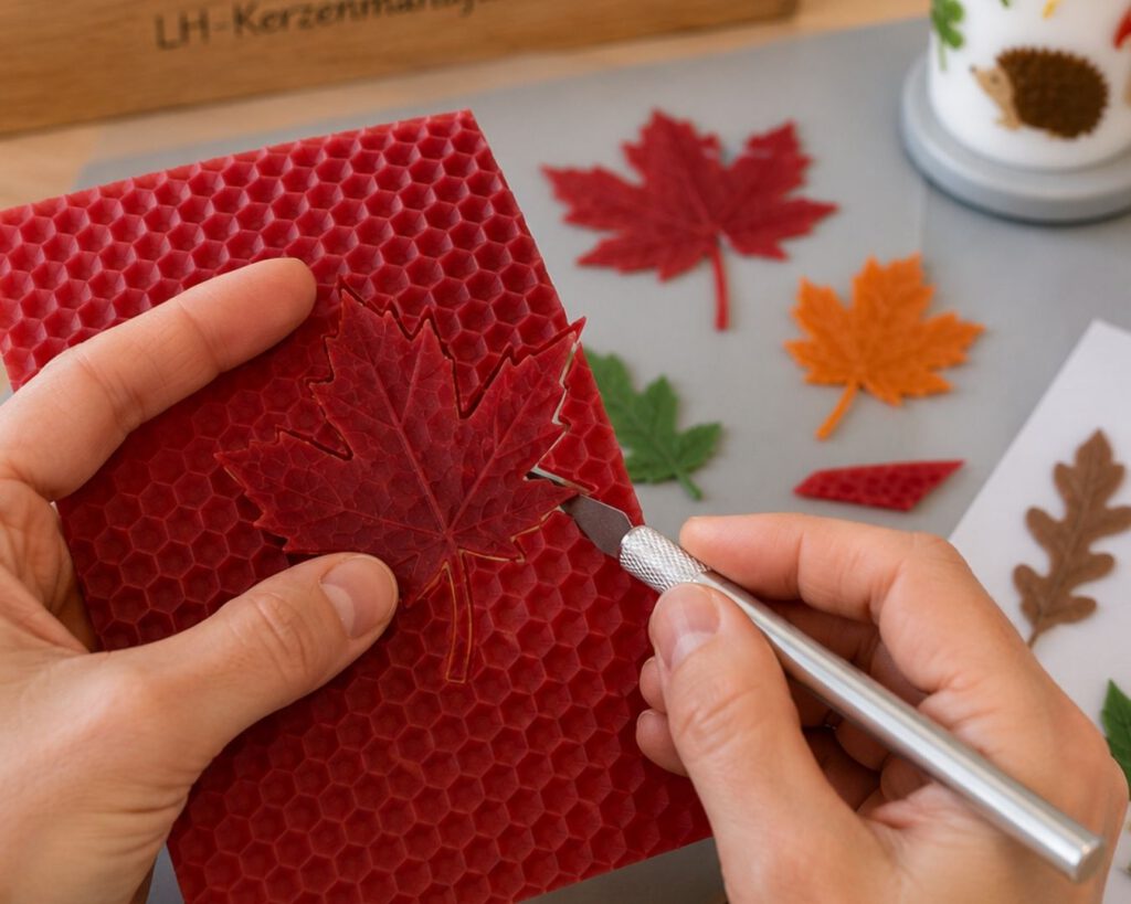Hände schneiden ein rotes Blattmotiv aus einer farbigen Wachsplatte für eine handverzierte Kerze
