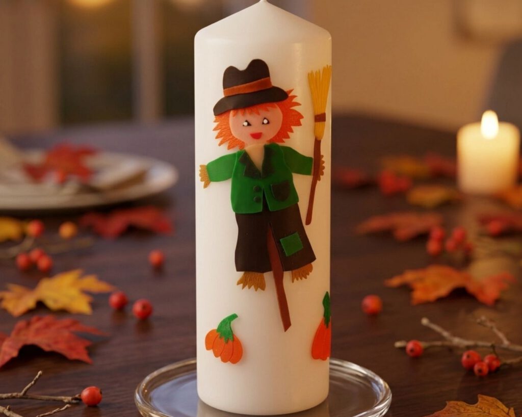 Handverzierte weiße Herbstkerze mit Vogelscheuche, Kürbis und herbstlicher Dekoration