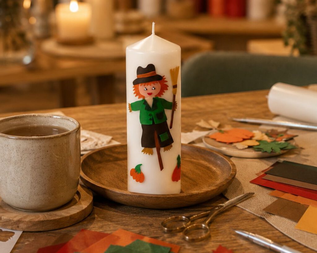 Kerze, Wachsplatten, Werkzeug und Tasse Kaffee auf einem gemütlichen Workshop-Tisch