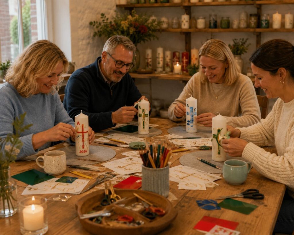 Kleine Gruppe sitzt am Workshop-Tisch und verziert gemeinsam Kerzen