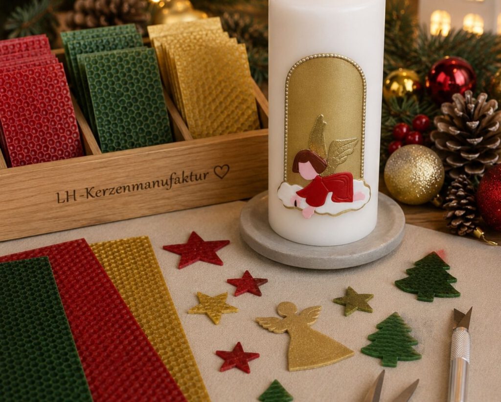 Weiße Kerze, rote, grüne und goldene Wachsplatten, Sterne, Tannen und Adventsdeko