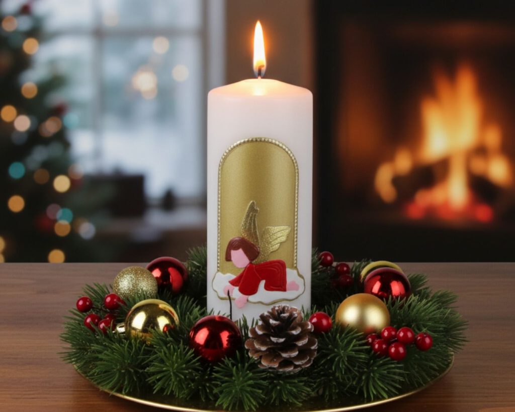Rote Weihnachtskerze mit Engel, Sternen und festlicher Adventsdekoration