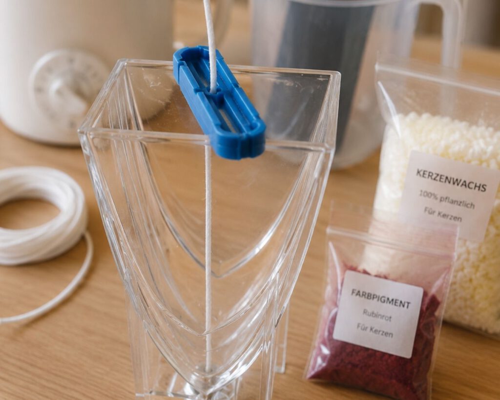 Transparente Kerzenform mit eingespanntem Docht für das spätere Kerzengießen