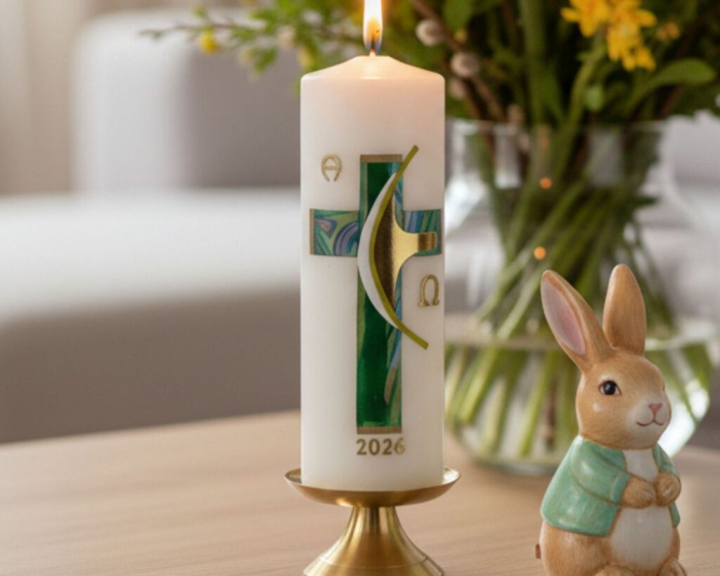 Handverzierte Osterkerze mit Kreuz, Alpha und Omega als Paaskaars für niederländische Gäste