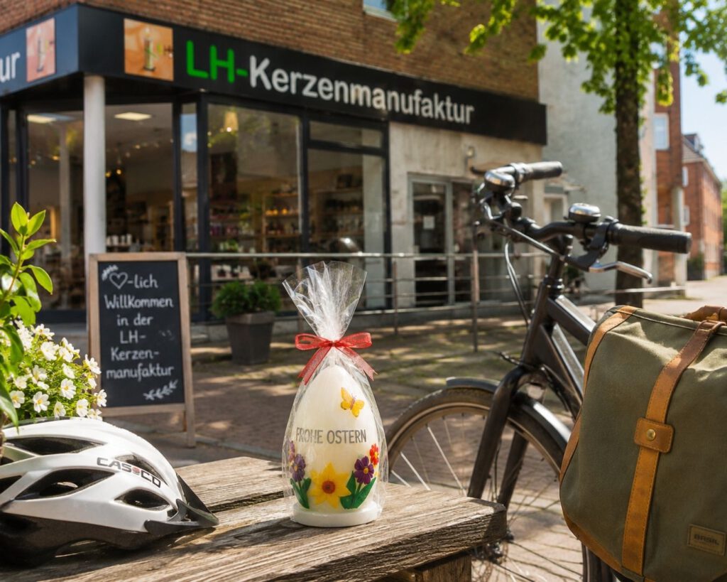 Fahrrad, verpackte Kerze und Außenbereich der LH-Kerzenmanufaktur als Ziel für Tagesausflüge