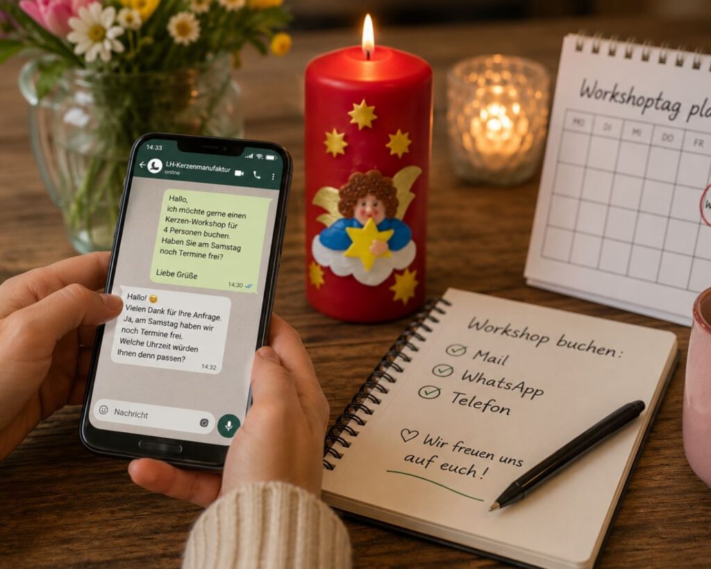 Smartphone mit WhatsApp-Anfrage, Notizblock, Kalender und Kerze zur Buchung eines Kerzen-Workshops
