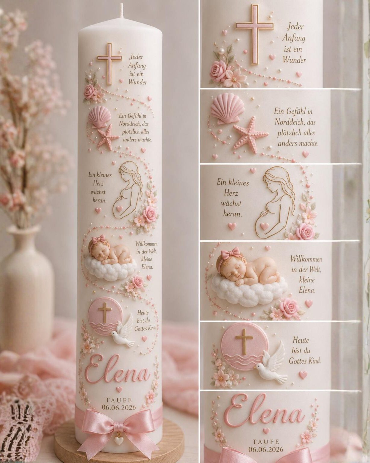 KI-generierte Vorlage der Taufkerze Elena mit Kreuz, Baby, schwangere Frau, Taube, Rosen und persönlichen Taufsprüchen