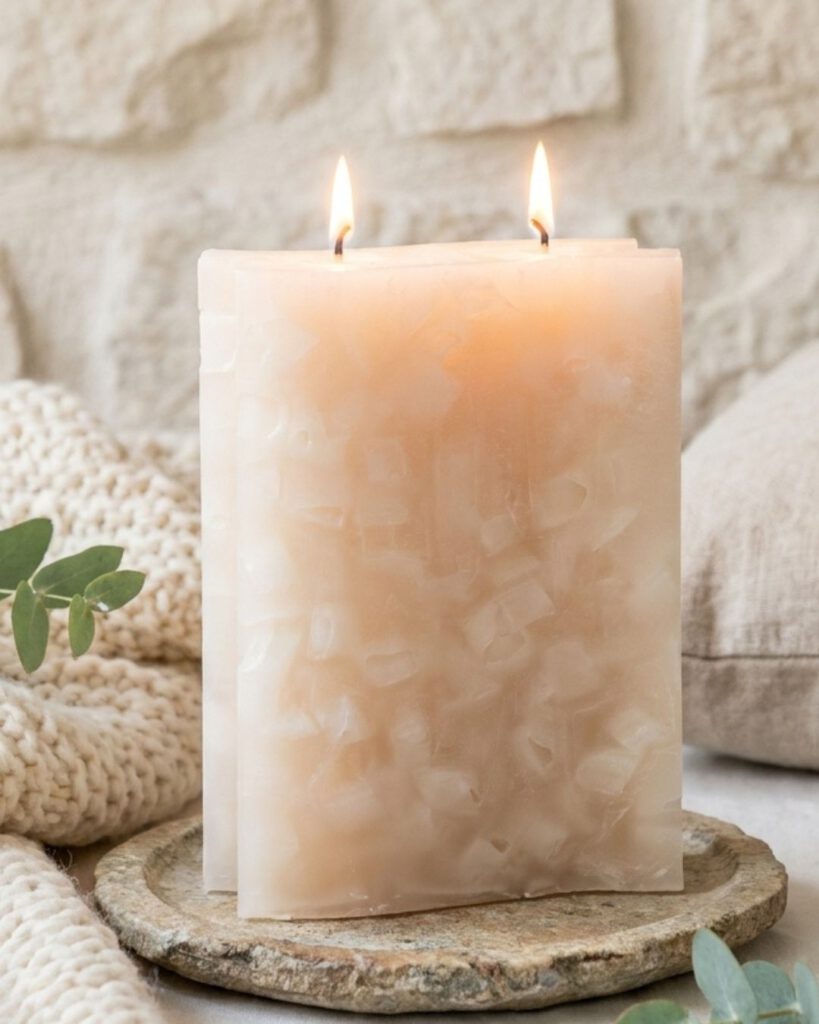 Wohnzimmer gemütlich einrichten: Moderne Farben und natürliche Dekoideen für 2026 Elfenbeinfarbene Wohnkerze vor Natursteinwand mit Wollplaid im Hygge-Stil