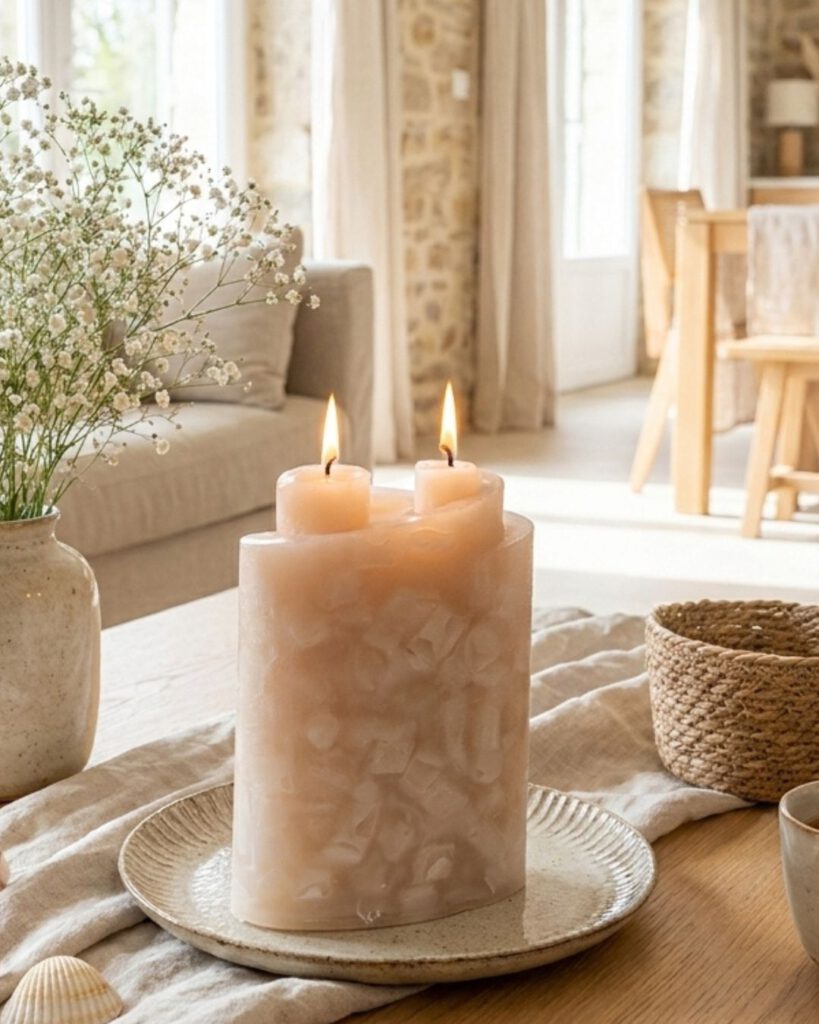 Wohnzimmer gemütlich einrichten: Moderne Farben und natürliche Dekoideen für 2026 lfenbeinfarbene Wohnkerze auf Holztisch in hellem Wohnraum mit Naturmaterialien