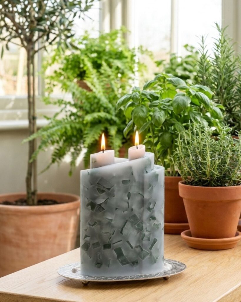 Wohnzimmer gemütlich einrichten: Moderne Farben und natürliche Dekoideen für 2026 Grüne Wohnkerze Jardin Vert zwischen Kräutern und Zimmerpflanzen im hellen Wintergarten