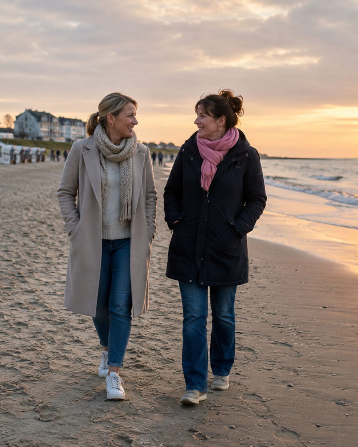 Zwei Freundinnen spazieren bei Sonnenuntergang am Strand von Norddeich und sprechen über den ersten Verdacht einer Schwangerschaft