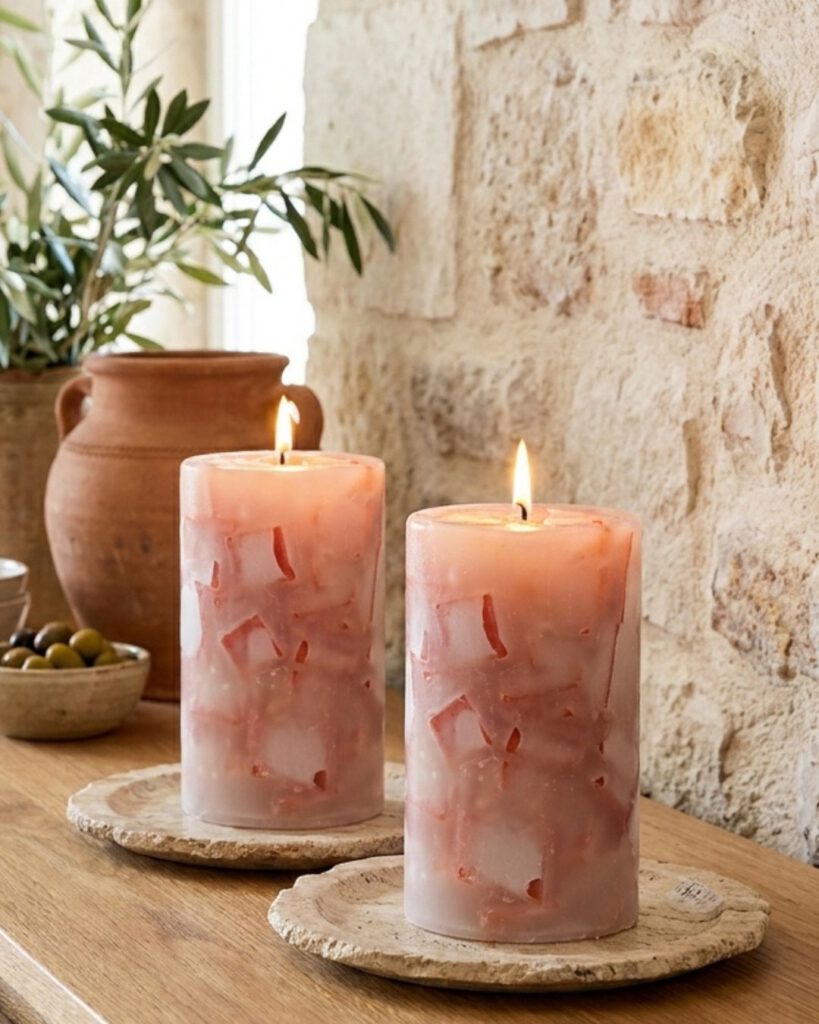 Wohnzimmer gemütlich einrichten: Moderne Farben und natürliche Dekoideen für 2026 Zwei Terracotta-Wohnkerzen auf Naturstein-Untersetzern in mediterraner Wohnumgebung mit Keramik und Oliven