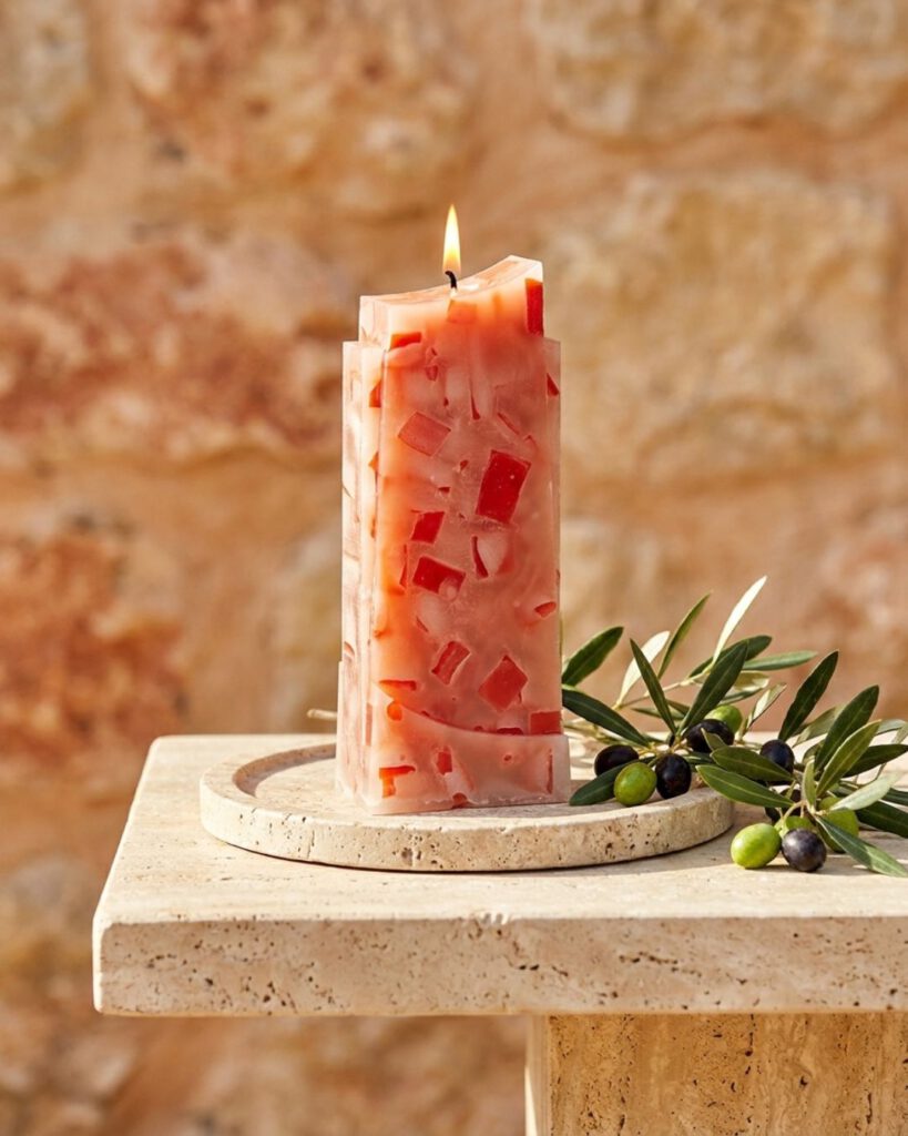 Wohnzimmer gemütlich einrichten: Moderne Farben und natürliche Dekoideen für 2026 Handgegossene Terracotta-Wohnkerze auf Travertinplatte mit Olivenzweigen und Natursteinwand