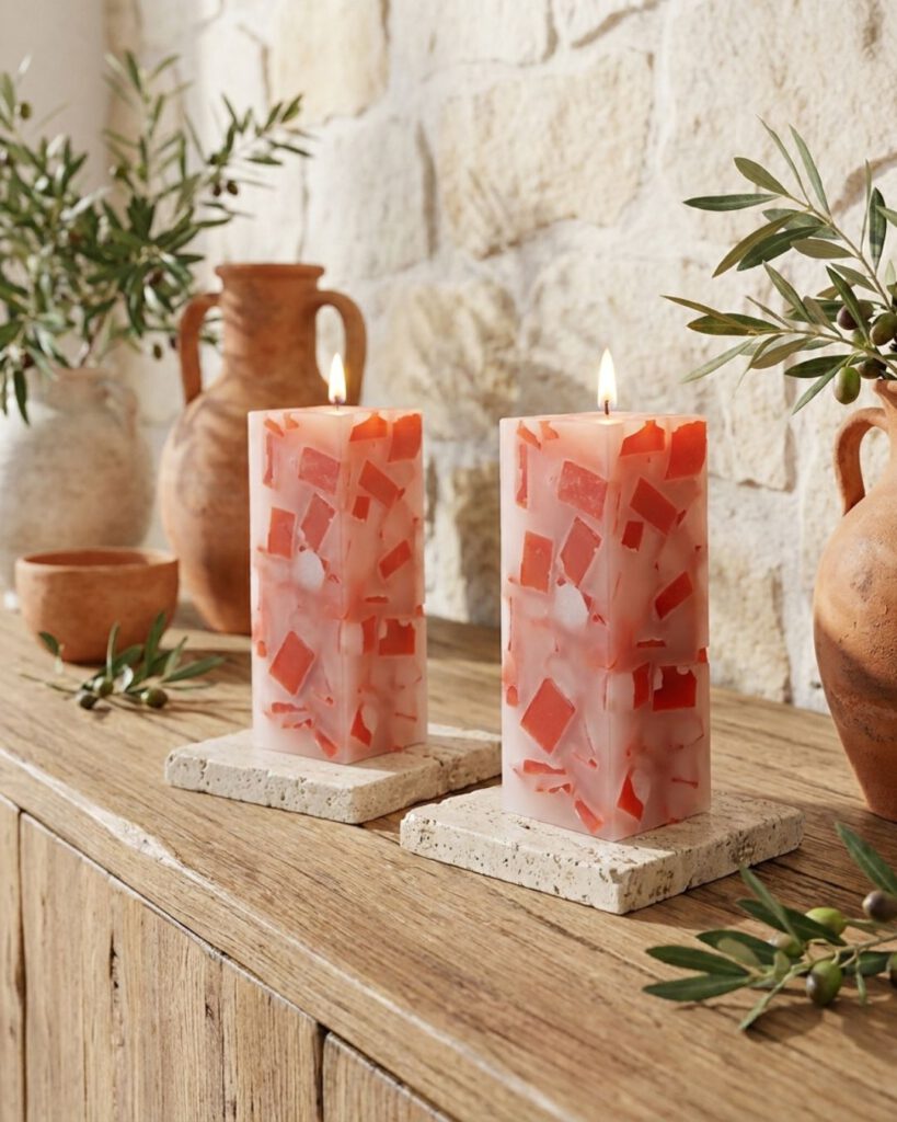 Wohnzimmer gemütlich einrichten: Moderne Farben und natürliche Dekoideen für 2026 Zwei handgegossene Terracotta-Wohnkerzen der Serie Terre Cuite auf Travertinplatten mit Olivenzweigen vor einer Natursteinwand