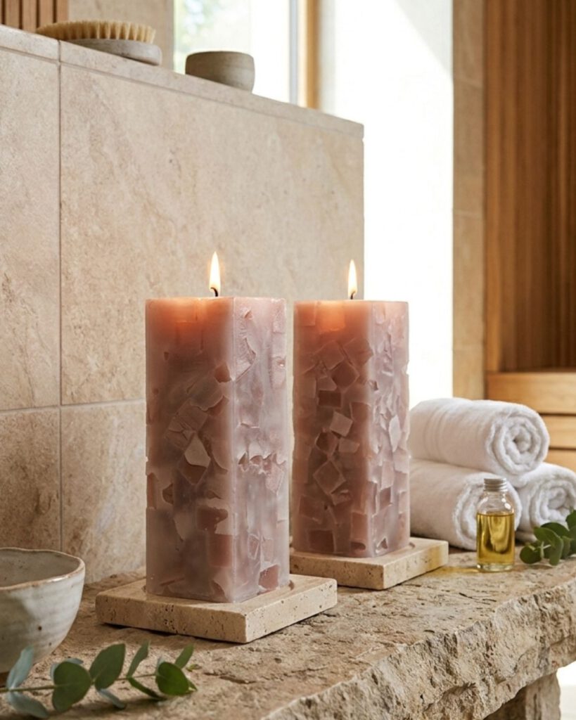 Wohnzimmer gemütlich einrichten: Moderne Farben und natürliche Dekoideen für 2026 Vanillefarbene Wohnkerzen in einem stilvollen Wellness- und Spa-Bereich mit Naturstein und Handtüchern