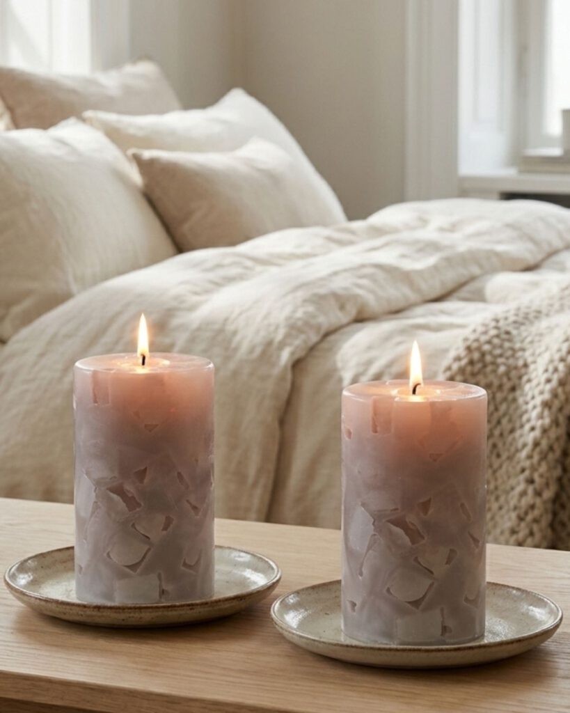 Wohnzimmer gemütlich einrichten: Moderne Farben und natürliche Dekoideen für 2026 Zwei vanillefarbene Wohnkerzen Vanille Douce auf Keramiktellern vor einem gemütlichen Bett im Hygge-Stil