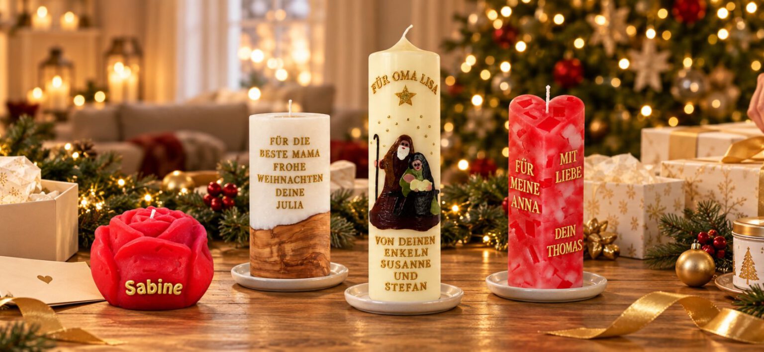 Vier persönlich beschriftete Kerzen als Weihnachtsgeschenke auf einem Holztisch mit Geschenkboxen und goldenen Bändern.