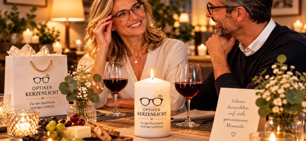 Individuelle Werbekerze mit Logo eines Optikers als hochwertiges Kundengeschenk