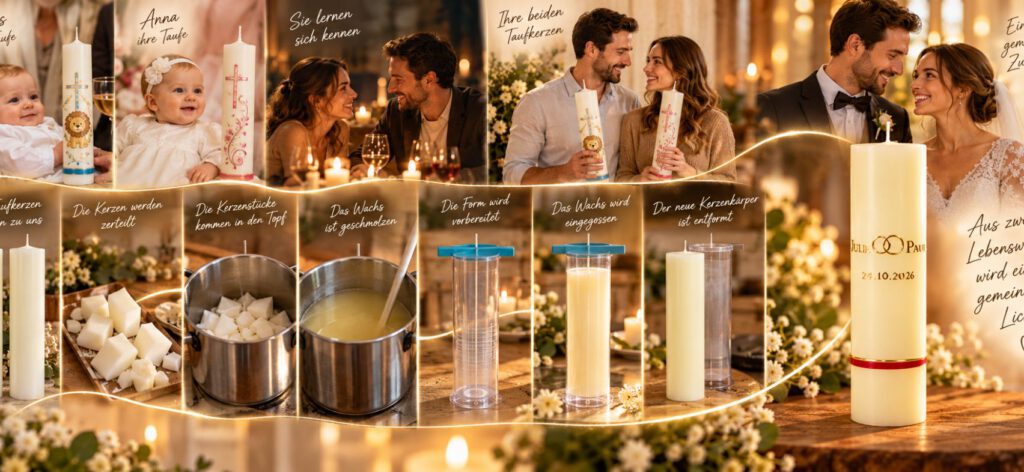 Lukas und Anna lassen ihre gesegneten Taufkerzen einschmelzen und daraus ihre gemeinsame Hochzeitskerze anfertigen