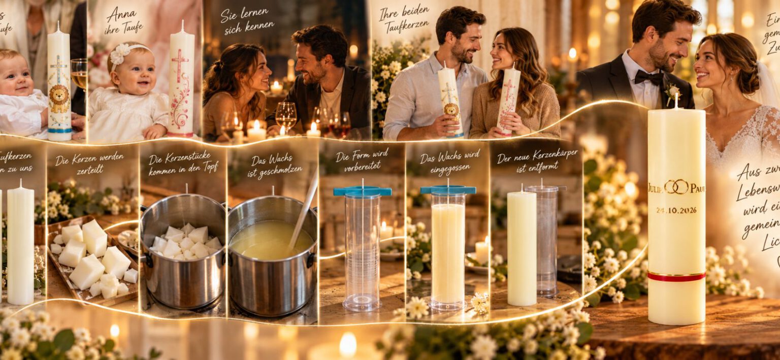 Lukas und Anna lassen ihre gesegneten Taufkerzen einschmelzen und daraus ihre gemeinsame Hochzeitskerze anfertigen