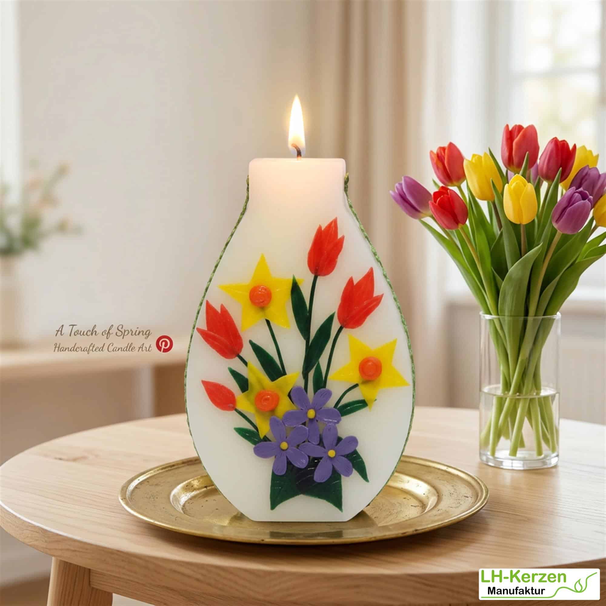 frühlingshafte Künstlerkerze in Vasenform Frühlingsstrauß, bunt
