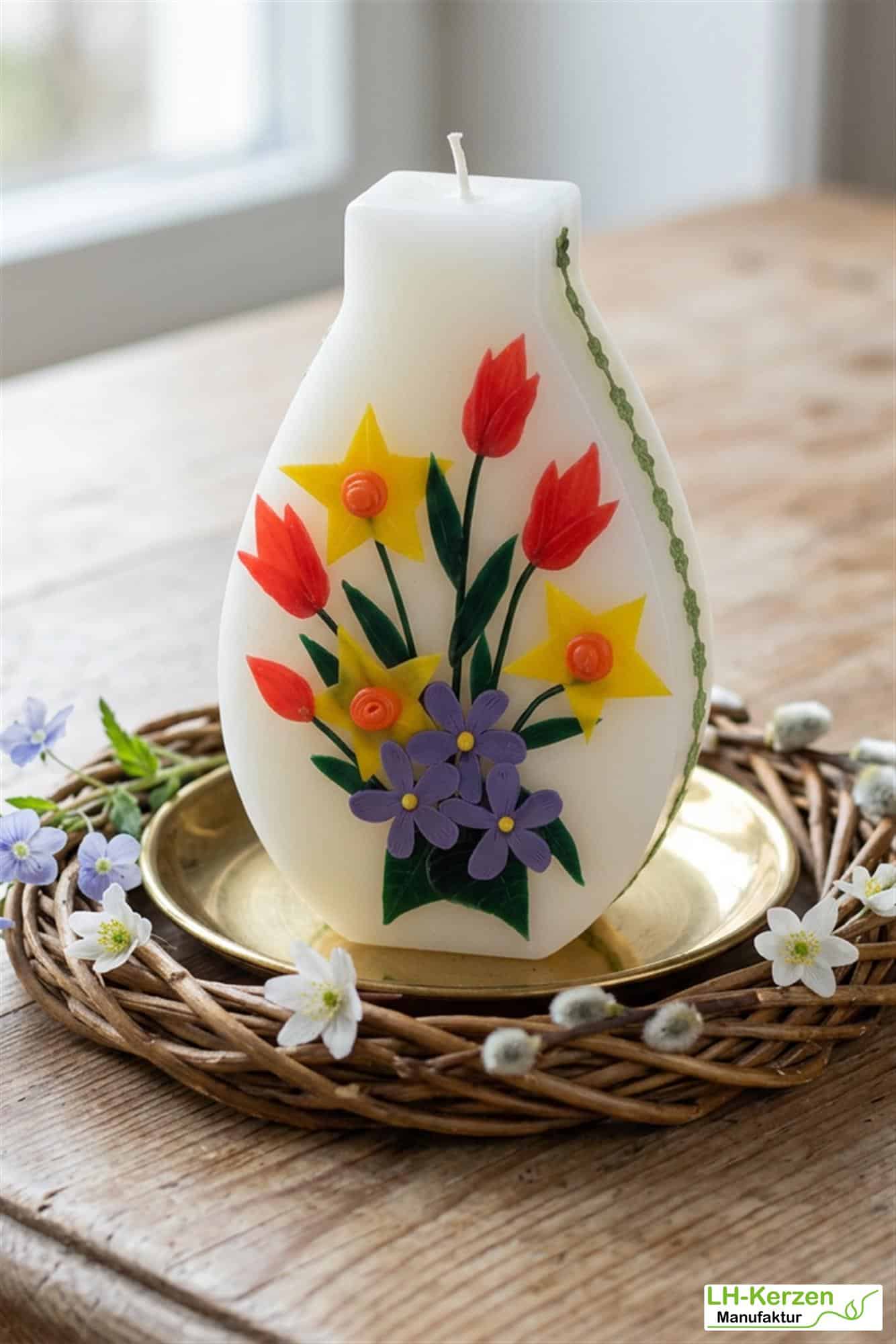 frühlingshafte Künstlerkerze in Vasenform Frühlingsstrauß, bunt