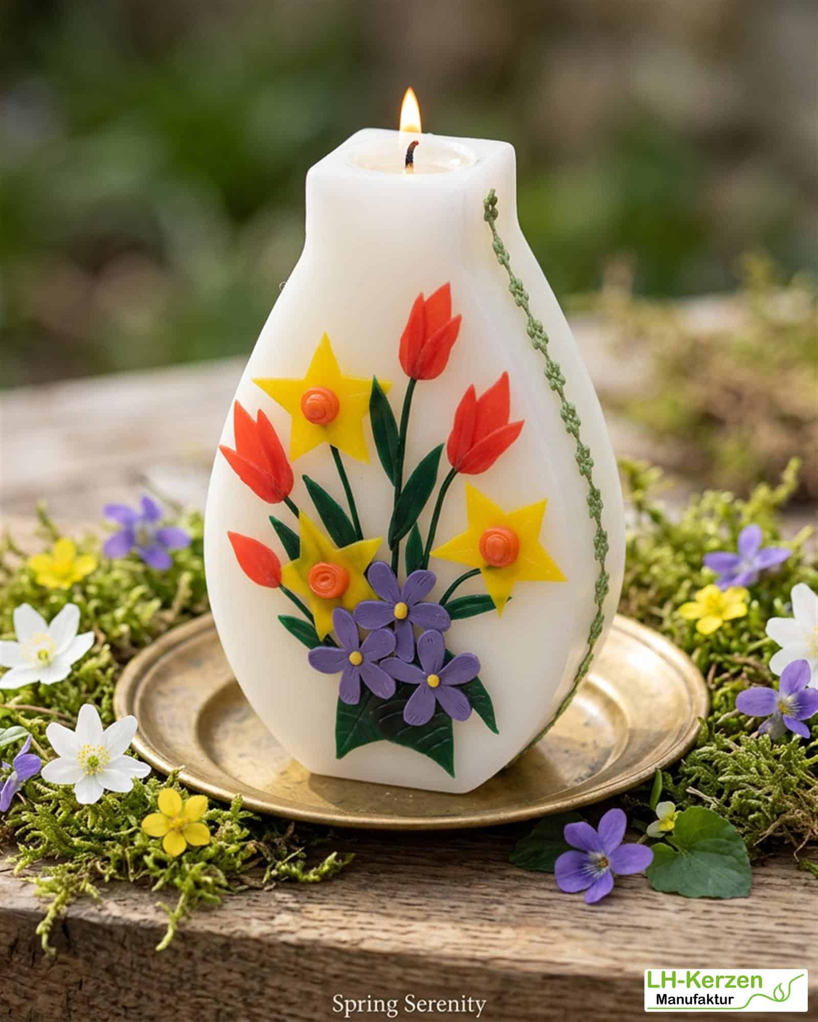 frühlingshafte Künstlerkerze in Vasenform Frühlingsstrauß, bunt