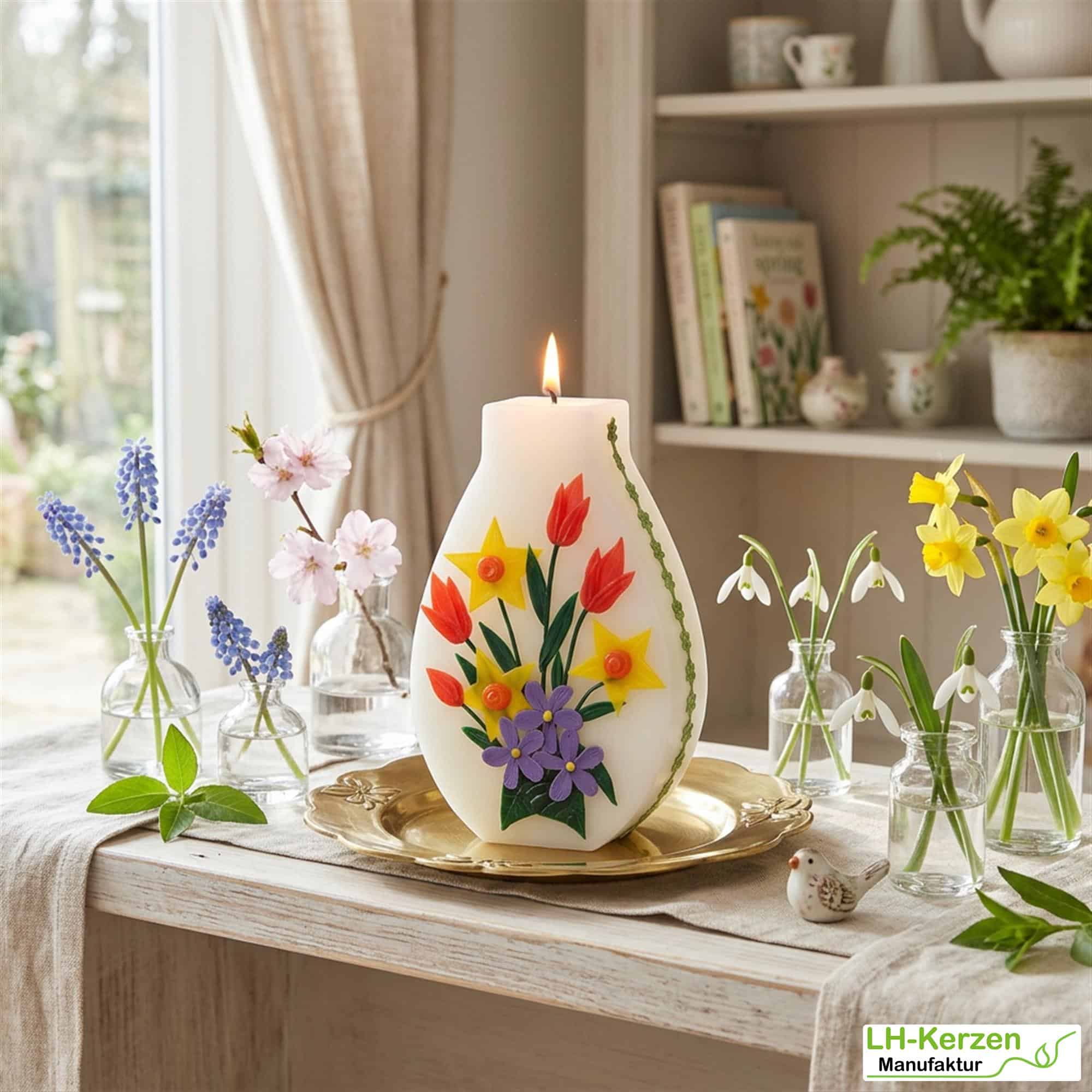 frühlingshafte Künstlerkerze in Vasenform Frühlingsstrauß, bunt