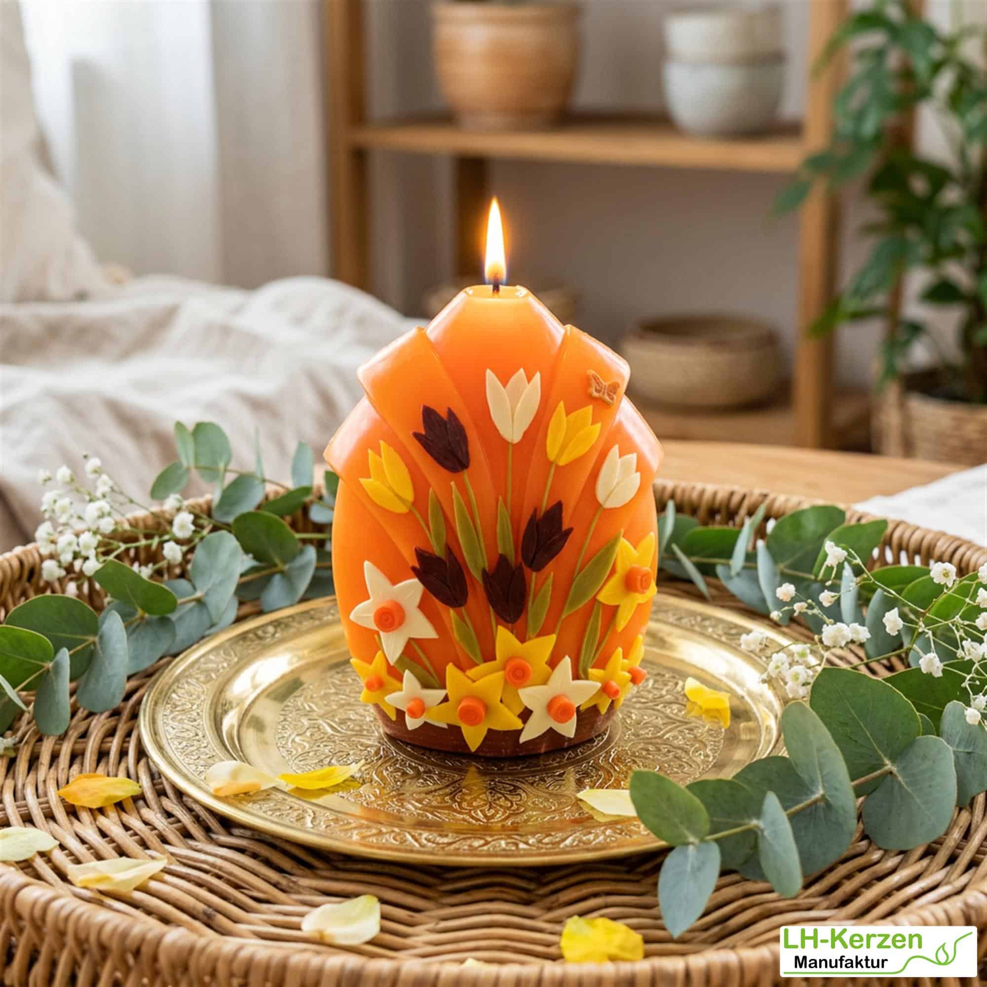 Fächerblütenkerze, Frühlingskerze in Orange mit Tulpen und Narzissen, Frühlingsdeko, Geschenkidee