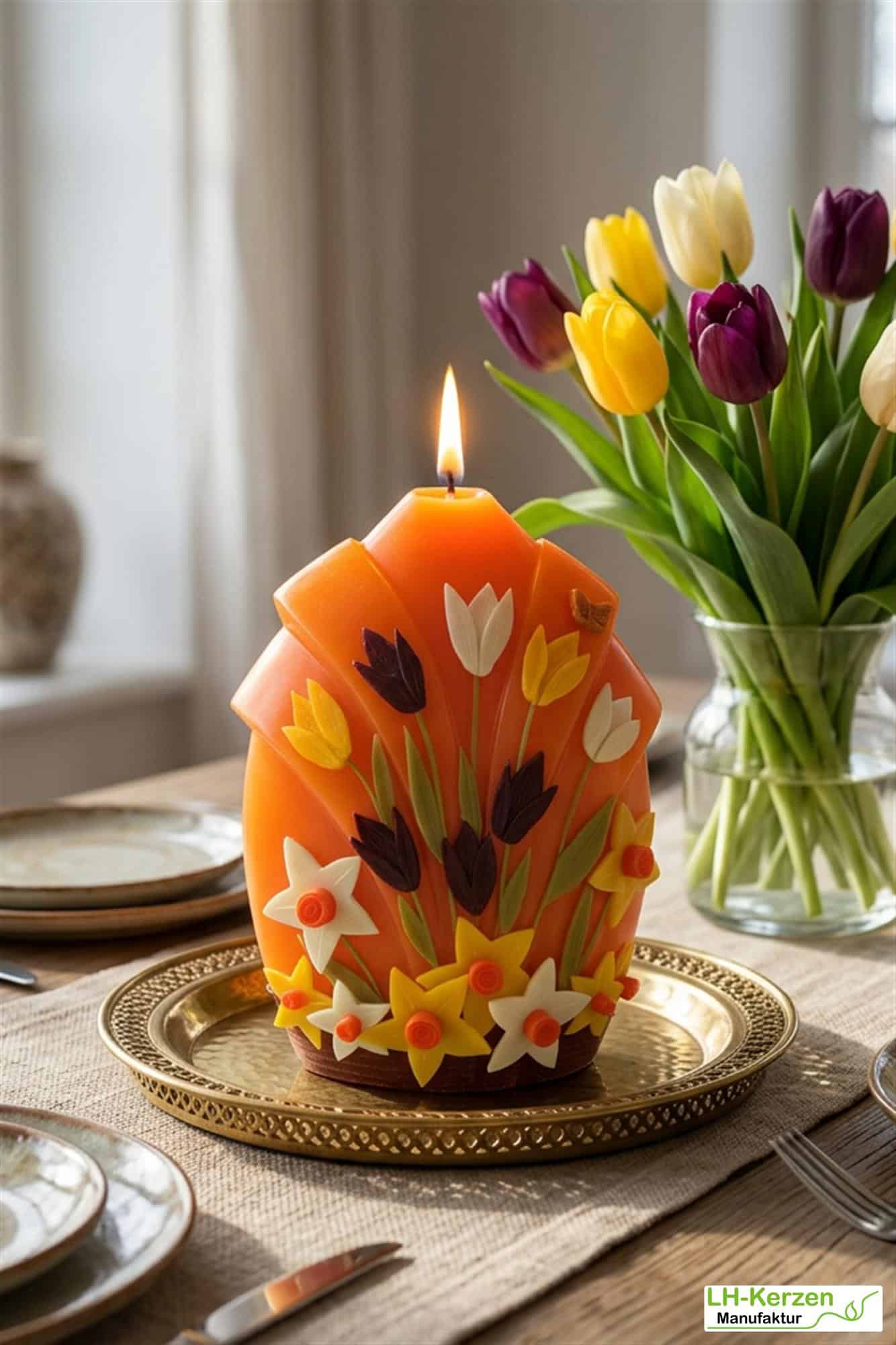 Fächerblütenkerze, Frühlingskerze in Orange mit Tulpen und Narzissen, Frühlingsdeko, Geschenkidee
