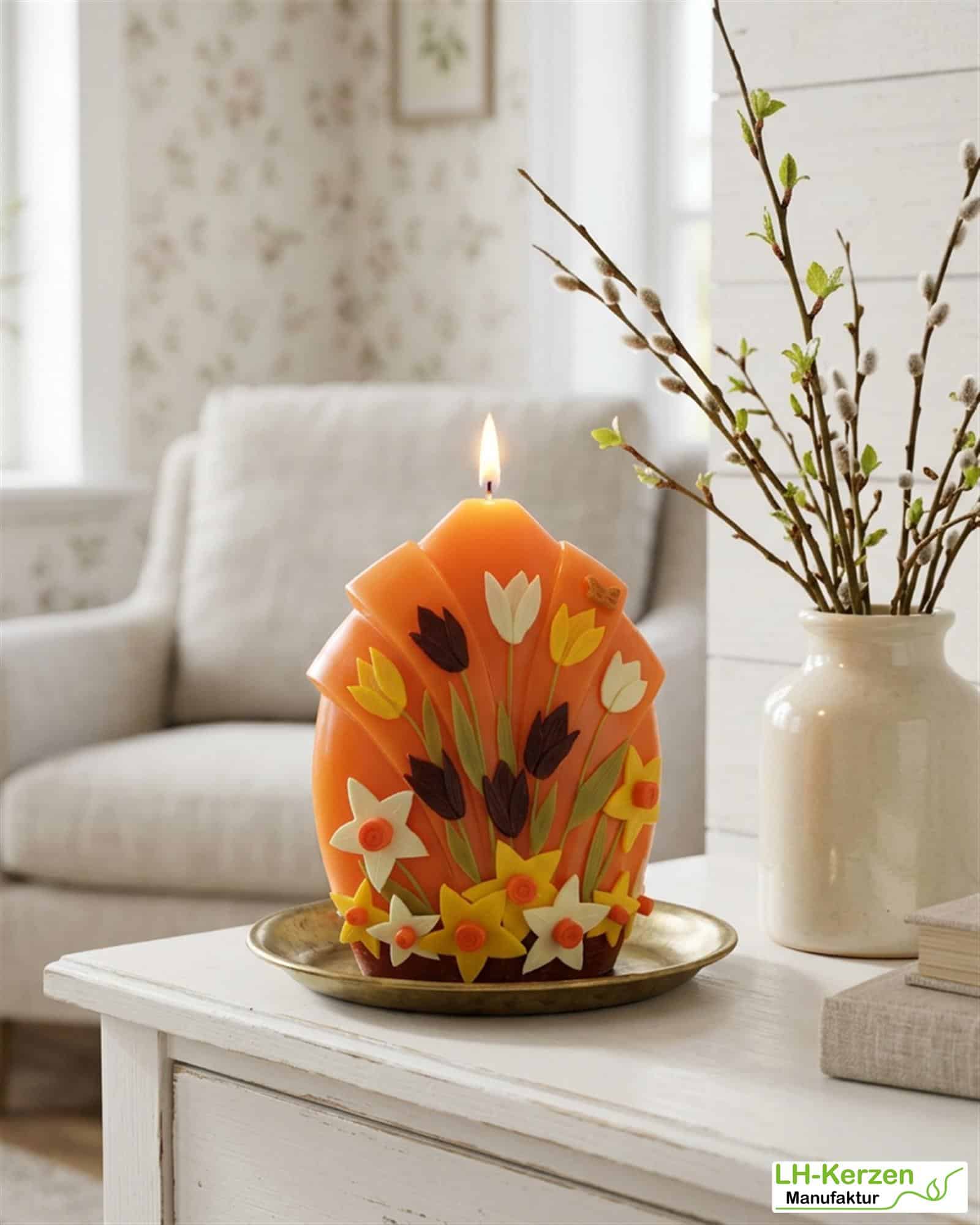 Fächerblütenkerze, Frühlingskerze in Orange mit Tulpen und Narzissen, Frühlingsdeko, Geschenkidee