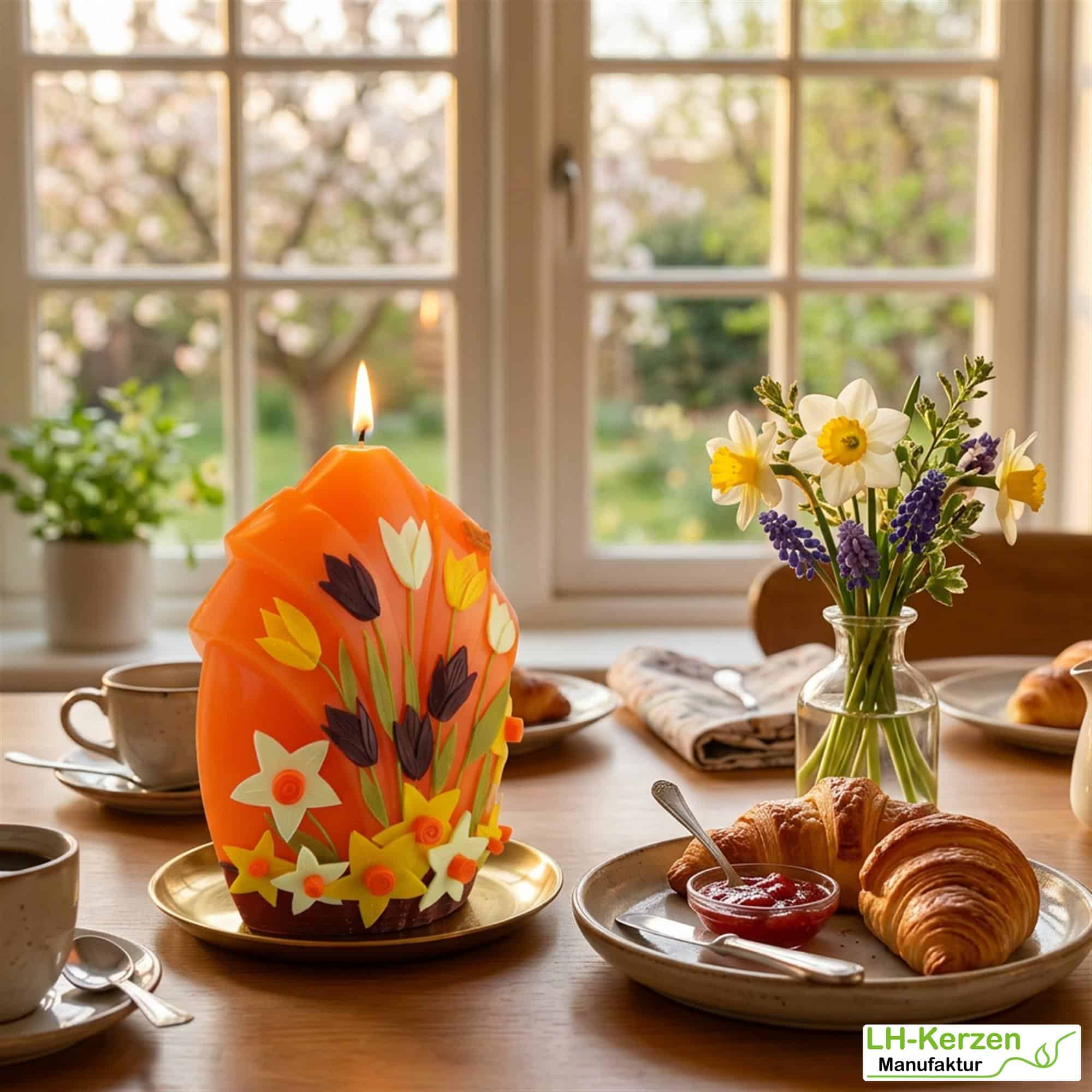 Fächerblütenkerze, Frühlingskerze in Orange mit Tulpen und Narzissen, Frühlingsdeko, Geschenkidee