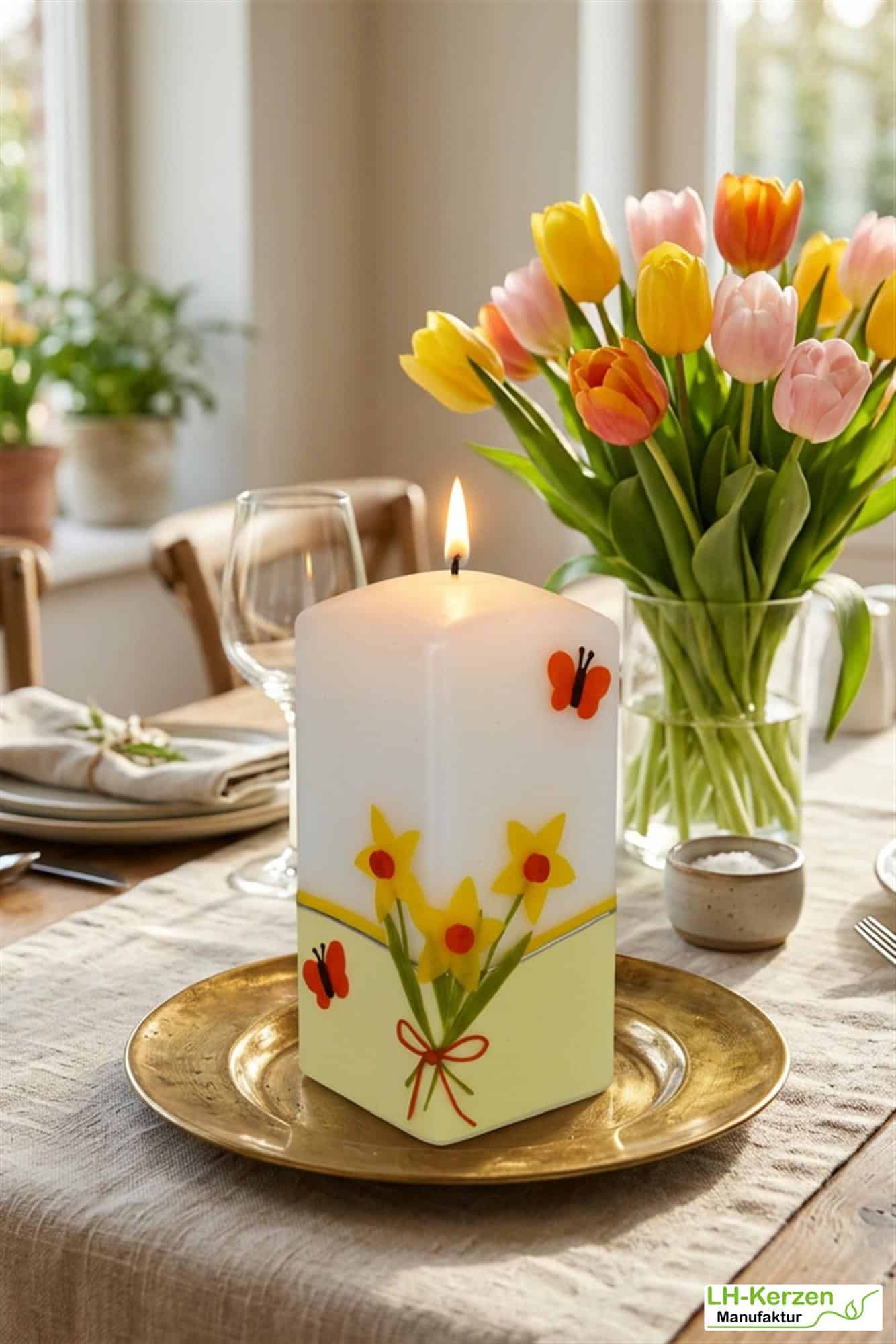 edle Frühlingskerze "Butterfly Garden" mit Narzissen und Schmetterlingen in Quaderform