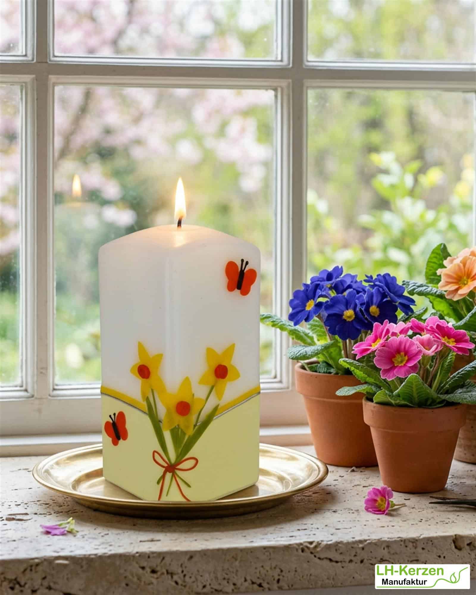 edle Frühlingskerze "Butterfly Garden" mit Narzissen und Schmetterlingen in Quaderform