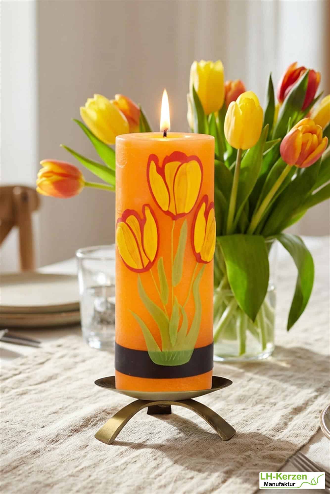 Frühlingshafte Künstlerkerze in orange mit wunderschönem Tulpenstrauß