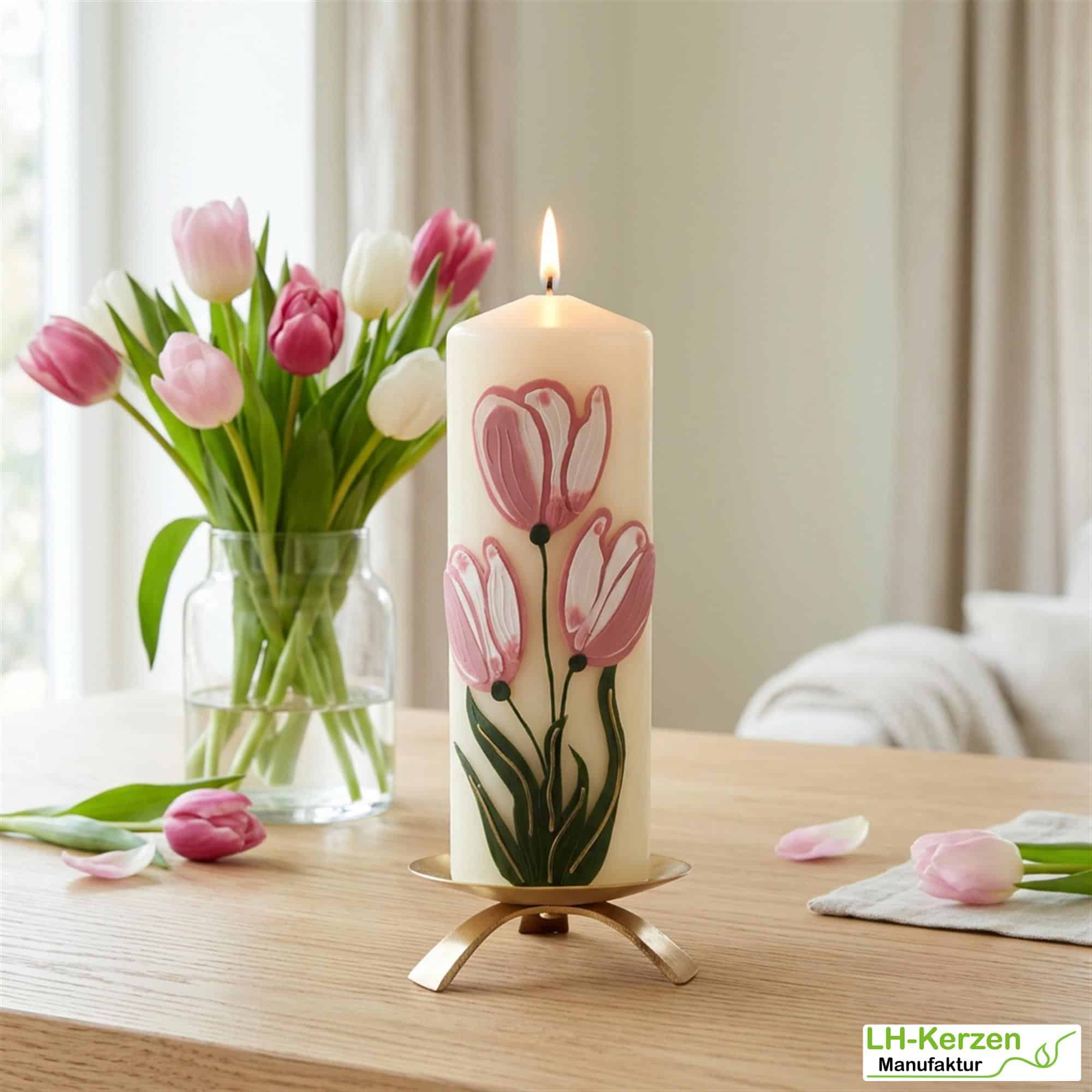 Frühlingshafte Künstlerkerze mit rosa Tulpen - handverziert mit echtem Wachs