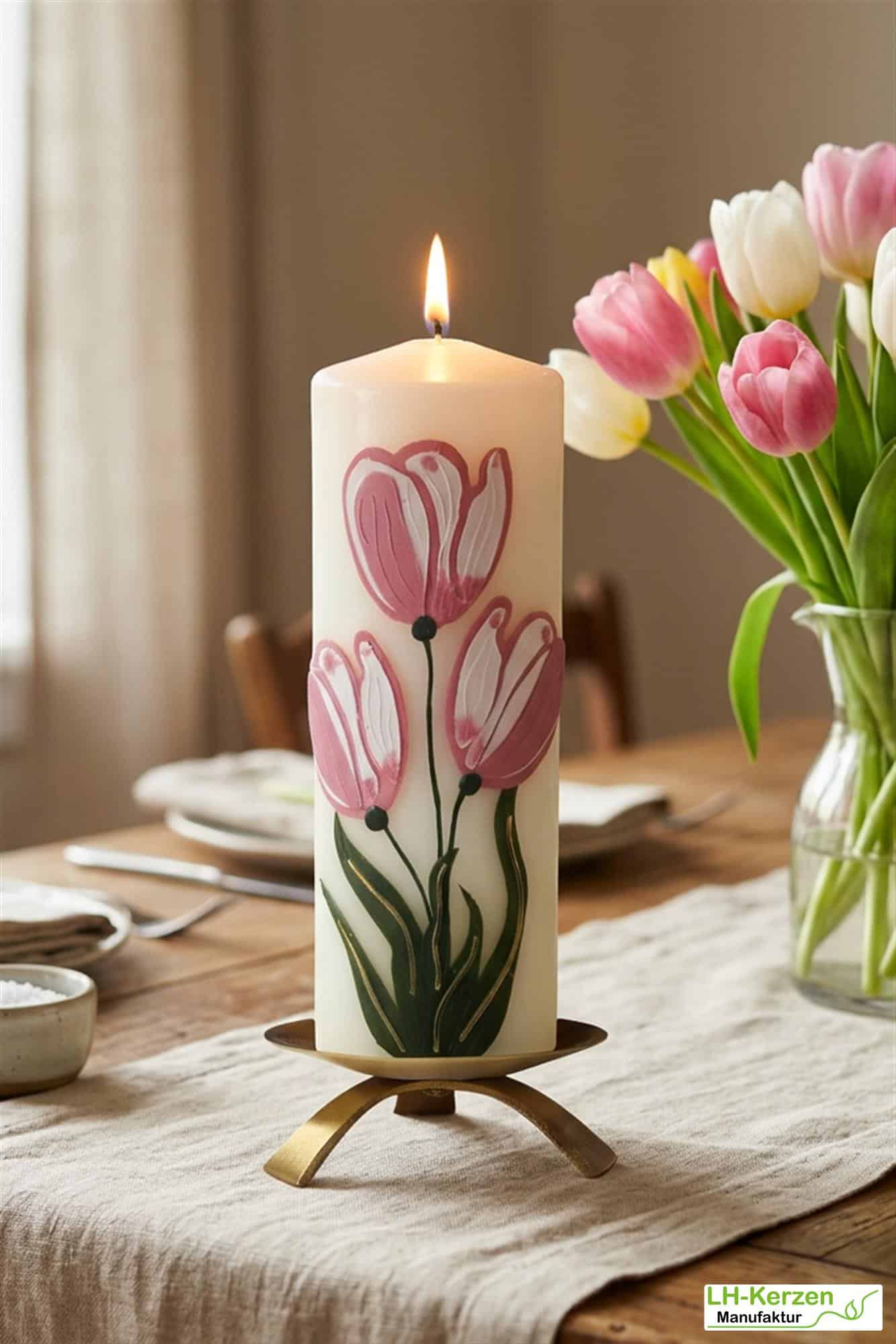 Frühlingshafte Künstlerkerze mit rosa Tulpen - handverziert mit echtem Wachs