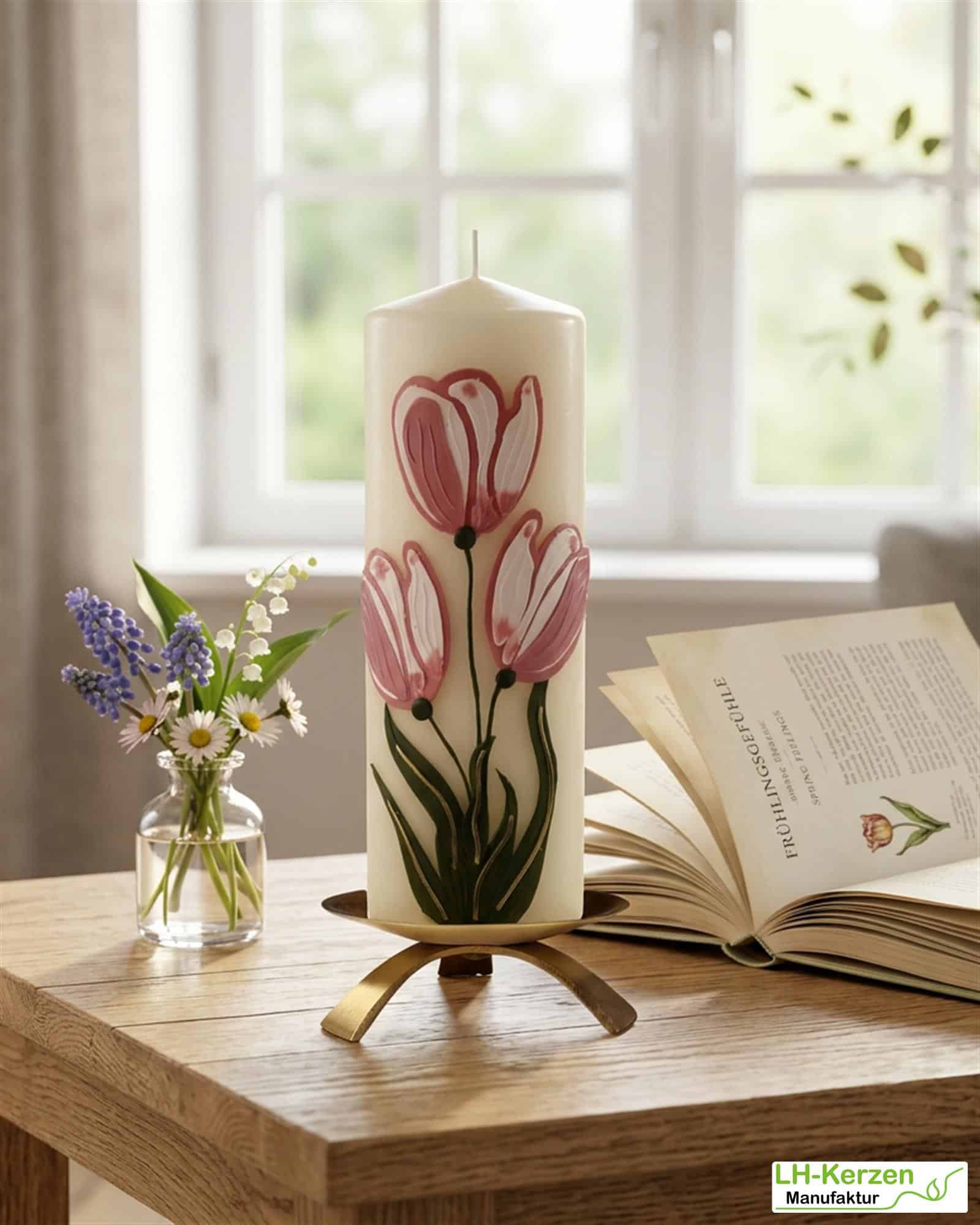 Frühlingshafte Künstlerkerze mit rosa Tulpen - handverziert mit echtem Wachs