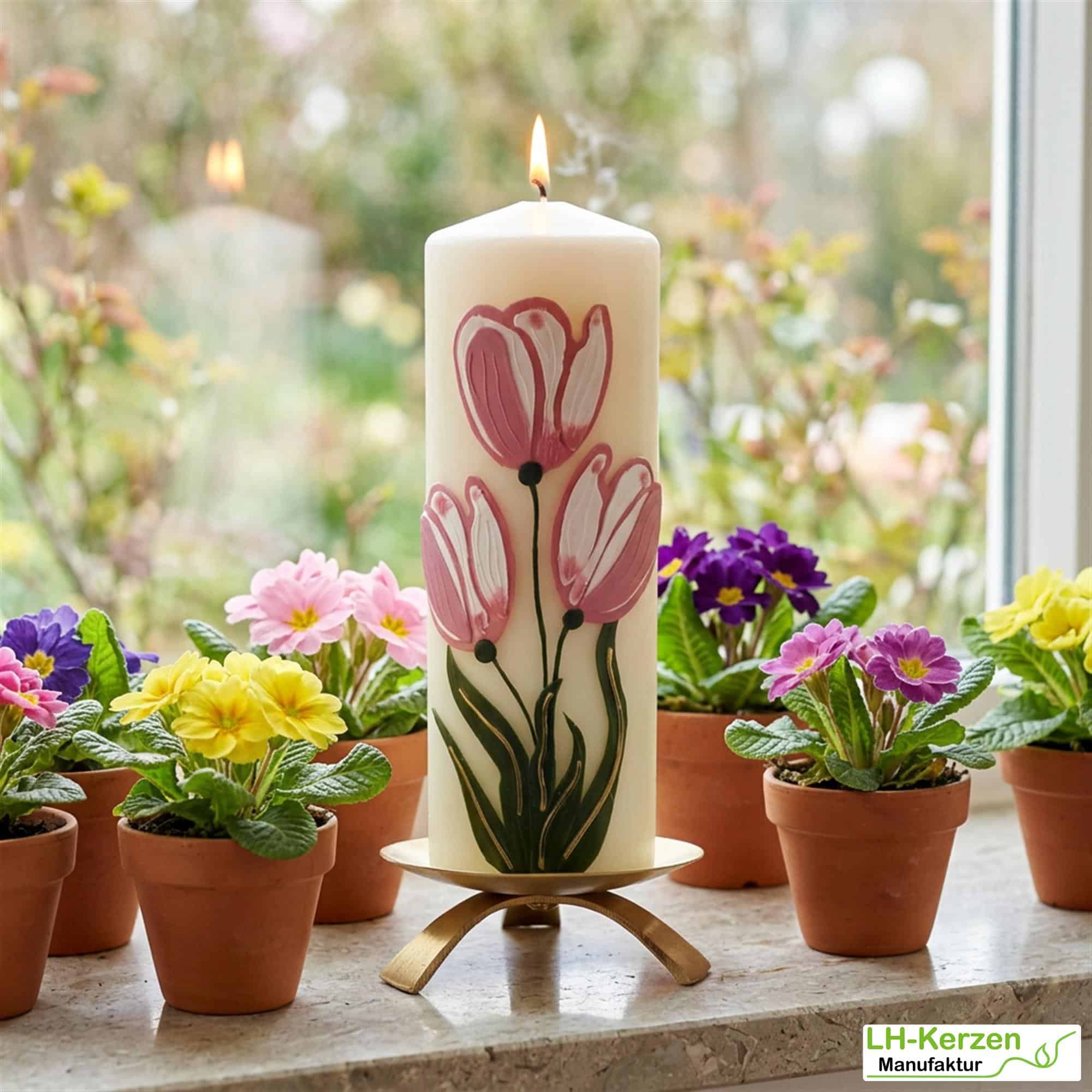 Frühlingshafte Künstlerkerze mit rosa Tulpen - handverziert mit echtem Wachs