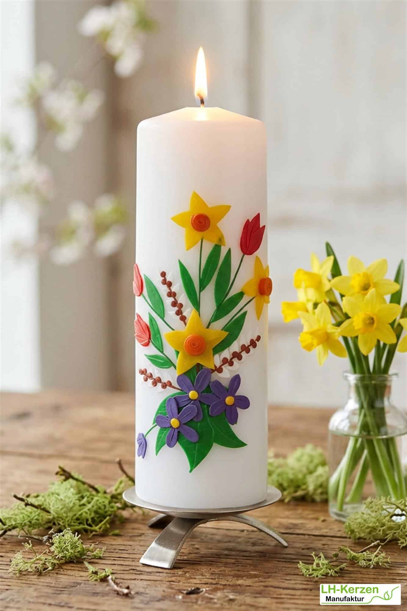 frühlingshafte Künstlerkerze Frühlingsstrauß, bunt