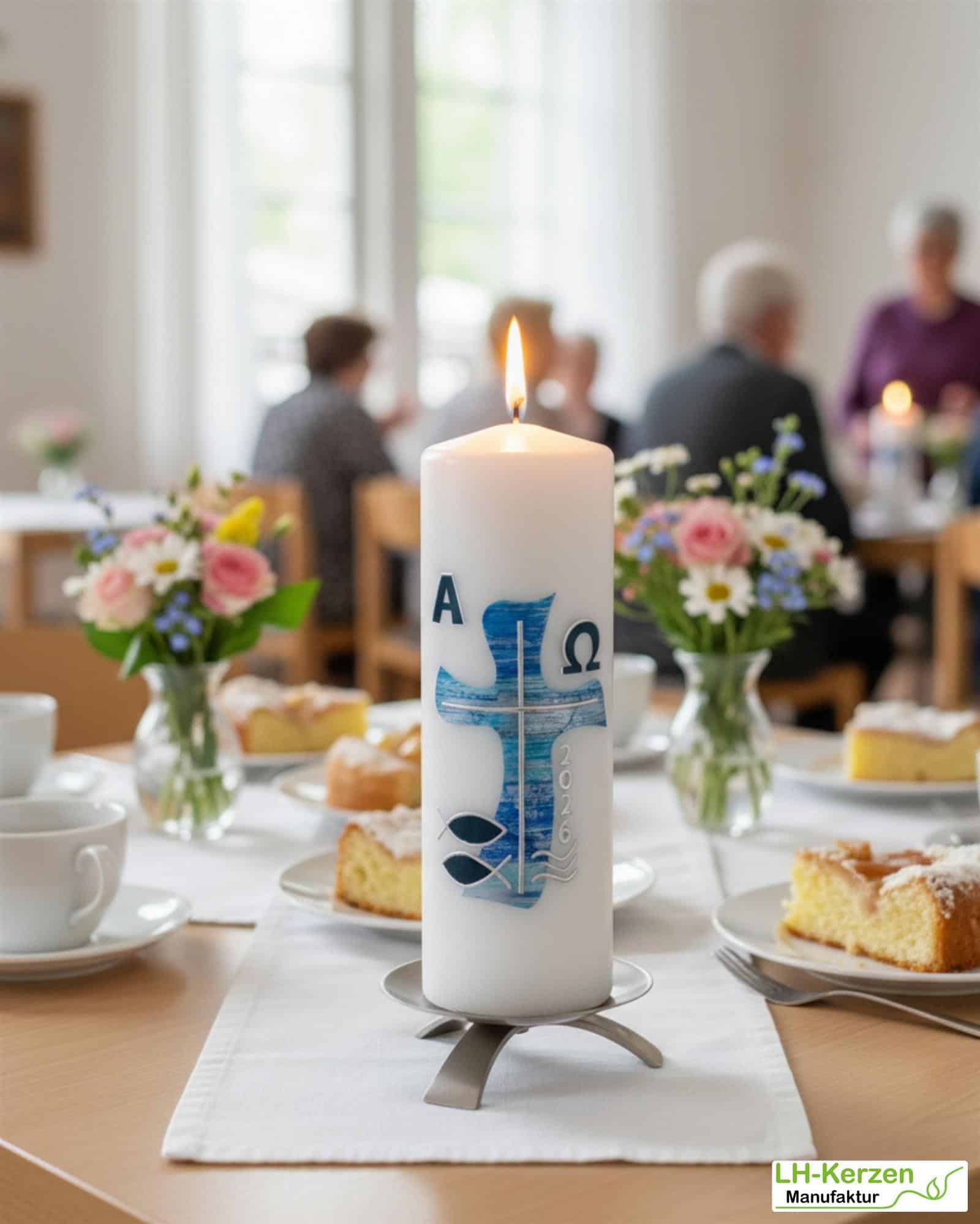 Wasser des Lebens – Moderne Osterkerze religiös mit blauem Kreuz in Wellenform, Fischen und Wellen