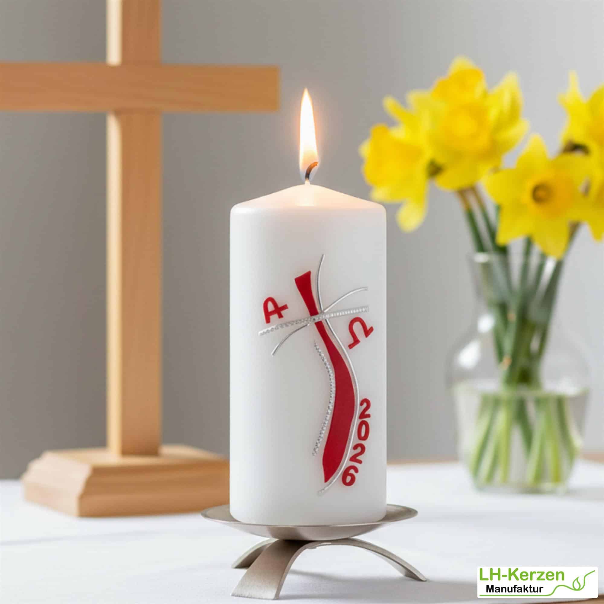 Pfad des Lichts – Moderne christliche Osterkerze mit geschwungenem Kreuz und Silberverzierung