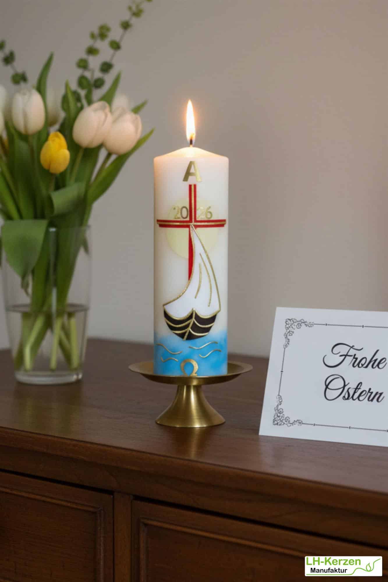 Licht der Auferstehung – Handgefertigte Osterkerze mit Kreuz, Segelschiff, Sonne, Alpha & Omega