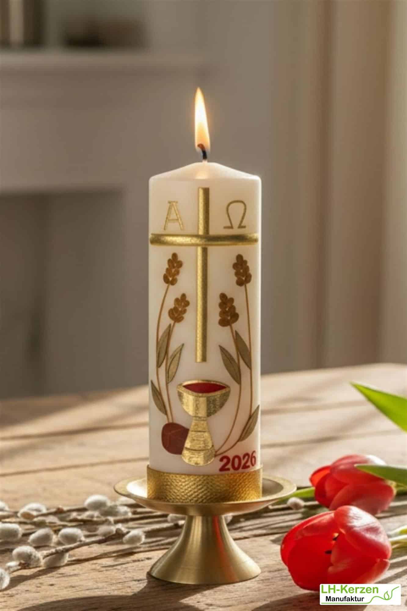 Brot des Lebens – Handgefertigte Osterkerze religiös mit Kreuz, Ähren, Kelch, Alpha & Omega