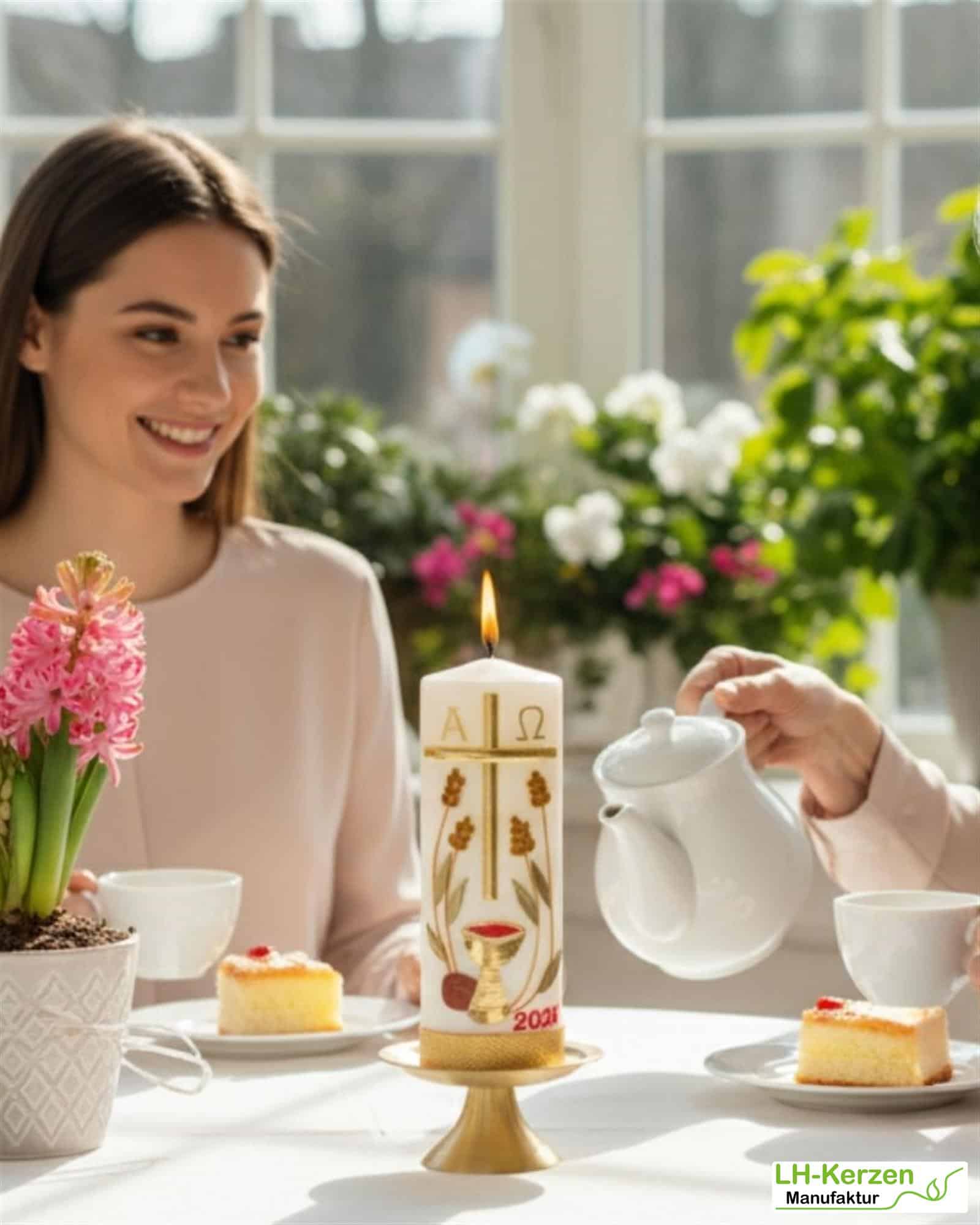 Brot des Lebens – Handgefertigte Osterkerze religiös mit Kreuz, Ähren, Kelch, Alpha & Omega